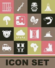Set Hunter boots, Tree stump, Snake, Mexican mayan or aztec mask, Africa safari map, Mushroom, Animal cage and Tropical leaves icon. Vector