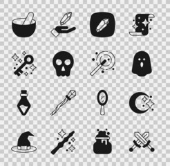 Set Crossed medieval sword, Moon and stars, Ghost, Magic stone, Skull, Old magic key, Witch cauldron and wand icon. Vector