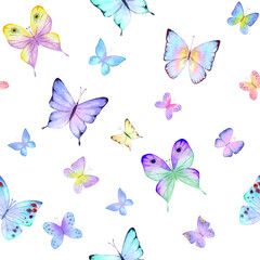Fototapeta na wymiar Seamless botanical summer pattern with colorful watercolor butterflies
