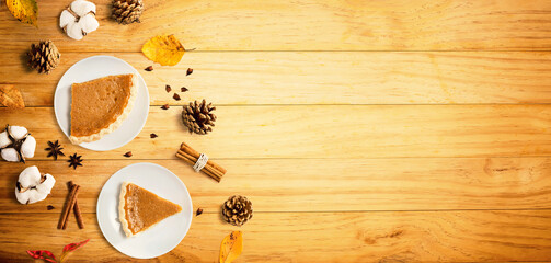 Autumn theme with pumpkin pies - overhead view