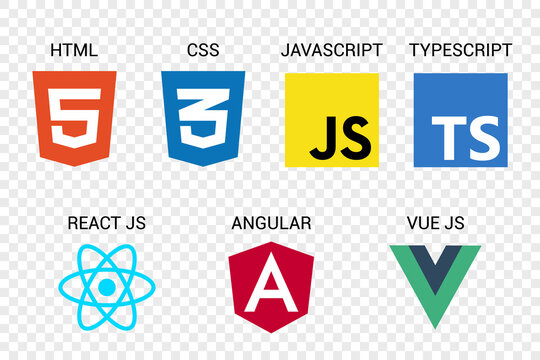 Vector collection of web development  signs: html5, css3, javascript, typescript, react js, angular, and vue js .