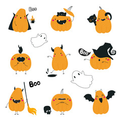Cute Orange Pumpkin Character with Arm and Legs Having Fun at Halloween Holiday Vector Set