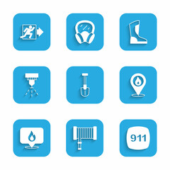 Set Fire shovel, hose reel, Emergency call 911, Location with fire flame, sprinkler system, boots and exit icon. Vector