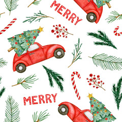 Watercolor christmas seamless pattern with red car, berries, fir, candy. Isolated on white background. Hand drawn clipart. Perfect for card, textile, tags, invitation, printing, wrapping.