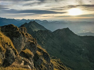 Fototapeta premium Beautiful sunset on the mountain. Peak Speer with a fantastic view of the swiss alps. Beautiful evening mood in autumn