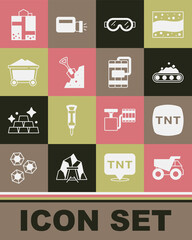 Set Mining dump truck, Dynamite, Conveyor belt carrying coal, Safety goggle glasses, Shovel and stone, Mine trolley, entrance and icon. Vector