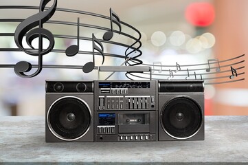retro vintage style tape cassette and radio player on the background