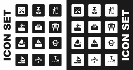 Set Surfboard, Water polo, skiing man, Paddle, Sport mechanical scoreboard, Wetsuit for scuba diving, Boat with oars and Yacht sailboat icon. Vector