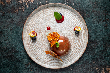 caramel cake with nuts and berries