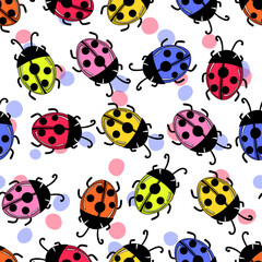 Fashion animal seamless pattern with colorful ladybird on white background. Cute holiday illustration with ladybags for baby. Design for invitation, poster, card, fabric, textile
