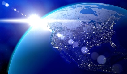 Earth, North America side - sun glare and city lights in the USA and Canada. Elements of this image furnished by NASA - 3D illustration © PX Media