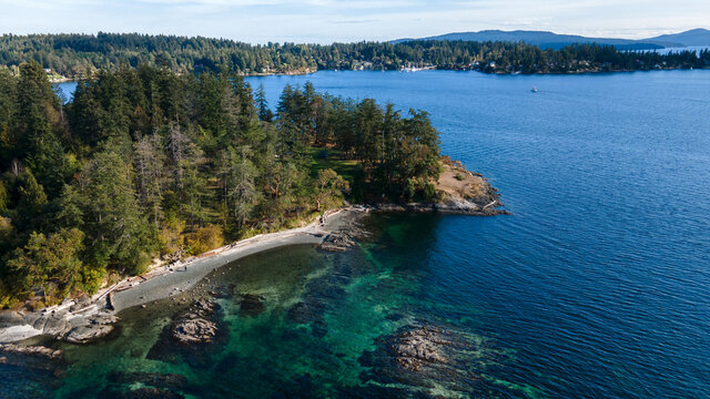 Drone shot of a coastline in the Moses Point, North Saanich, Vancouver Island, BC Canada