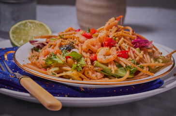 Pasta with prawns,chilli and tomatoes.