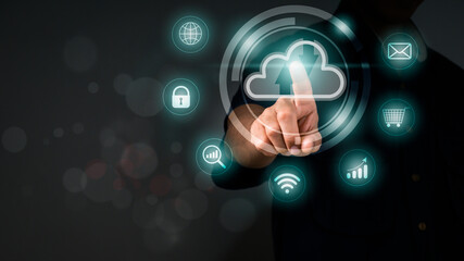 Cloud computing and technology symbols are hand-touched infographics. Cloud technology collects lifestyle and sensitive information such as internet banking, passwords, and shopping.