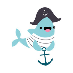 Cute Shark as Sea Animal in Sailor Hat Floating Underwater with Anchor Vector Illustration