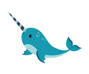 Cute Narwhal as Sea Animal with Long Tusk Floating Underwater Vector Illustration