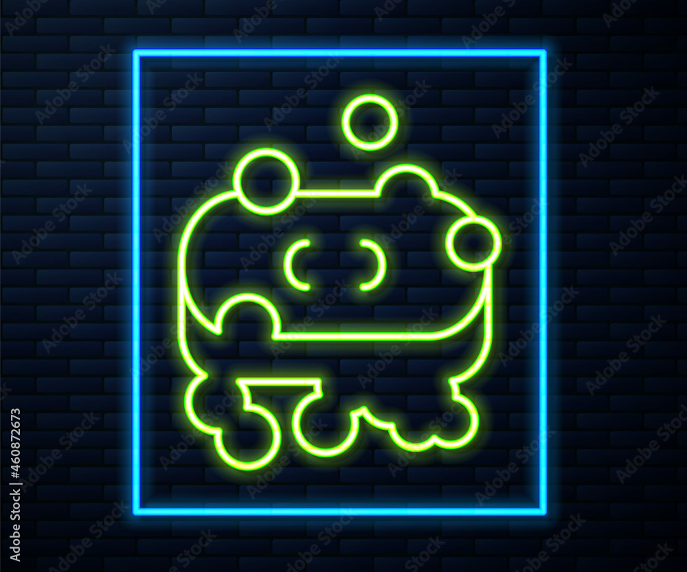 Poster glowing neon line bar of soap with foam icon isolated on brick wall background. soap bar with bubble