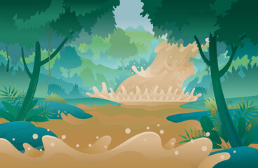 Flash Flood, Flowing Wild Water Forest Background, Natural Disaster - 460872686