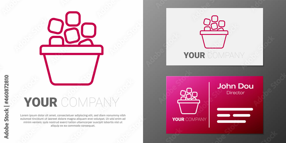 Poster logotype line ice bucket filled with ice cubes icon isolated on white background. logo design templa