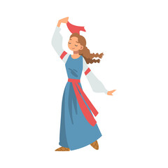 Slav or Slavonian Woman Character in Ethnic Clothing Dancing Waving with Red Kerchief Vector Illustration