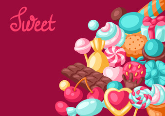 Background with various candies and sweets. Confectionery or bakery stylized illustration.