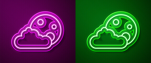 Glowing neon line Moon and stars icon isolated on purple and green background. Cloudy night sign. Sleep dreams symbol. Full moon. Night or bed time sign. Vector