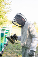 apiarist in protective suit and helmet holding bee smoker near beehives