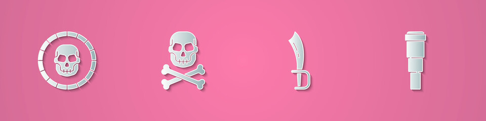 Set paper cut Pirate coin, Skull on crossbones, sword and Spyglass telescope lens icon. Paper art style. Vector
