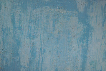 Texture of white and blue peeling paint. Texture of two layers of old cracked paint on an even metal surface with traces of rust, high resolution.