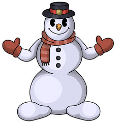 Cartoon funny snowman in a hat and scarf