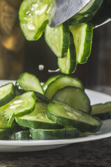 Cucumber pickles on a white plate with dark background and copy space.
