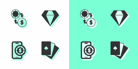 Set Deck of playing cards, Casino chips exchange on money, Online poker table game and Diamond icon. Vector