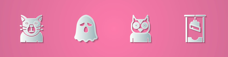 Set paper cut Cat, Ghost, Owl bird and Guillotine icon. Paper art style. Vector