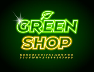 Vector Neon Sign Green Shop with Decorative Leaf. Trendy Bright Font. Glowing Alphabet Letters and Numbers set