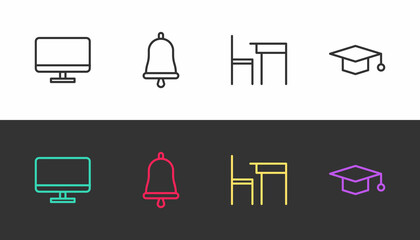 Set line Computer monitor screen, Ringing bell, School table and chair and Graduation cap on black and white. Vector