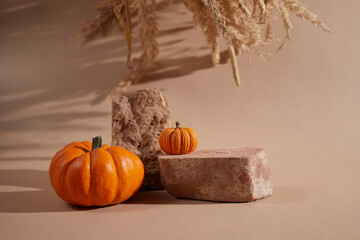 Autumn background podium display with pumpkins on biege background. Cosmetic, beauty product...
