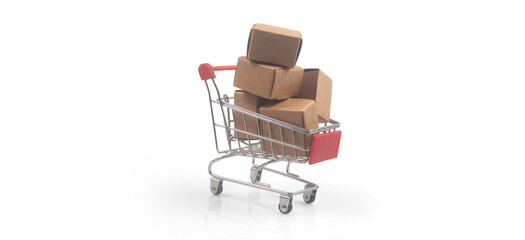 Toy shopping cart with boxes shopping and delivery concept
