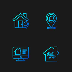 Fototapeta premium Set line House with percant discount, Online real estate house, Location and . Gradient color icons. Vector