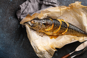 Roasted or baked mackerel fish copy space