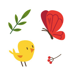 Set of spring decor from chicken, butterfly and berries. Vector children s illustration in cartoon children s style. Isolated funny clipart on a white background. Cute print.