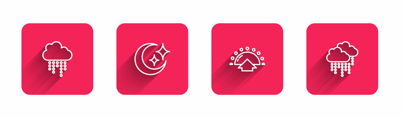 Set line Cloud with rain, Moon and stars, Sunrise and with long shadow. Red square button. Vector