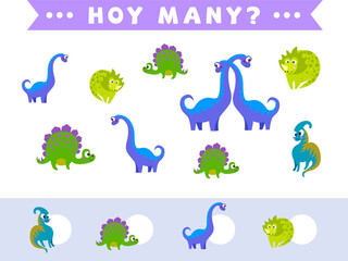 Counting childrens game of cartoon varied dinosaurs. Collection of teaching children. Count how many elements and write down the result. Preschool worksheet.