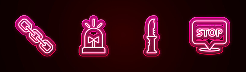 Set line Chain link, Flasher siren, Military knife and Protest. Glowing neon icon. Vector