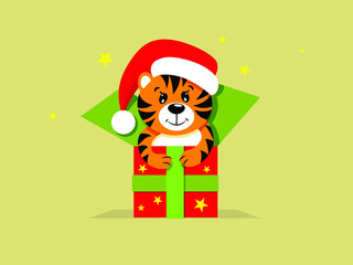 The symbol of the New Year 2022 is the tiger. Isolated vector illustration with wild tiger animal sitting in a gift box. Children's print on clothes, fabrics, rooms. Cartoon style