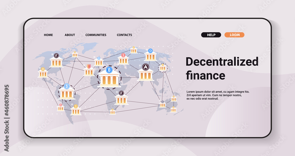 Poster defi decentralized finance system cryptocurrency and blockchain technology concept horizontal