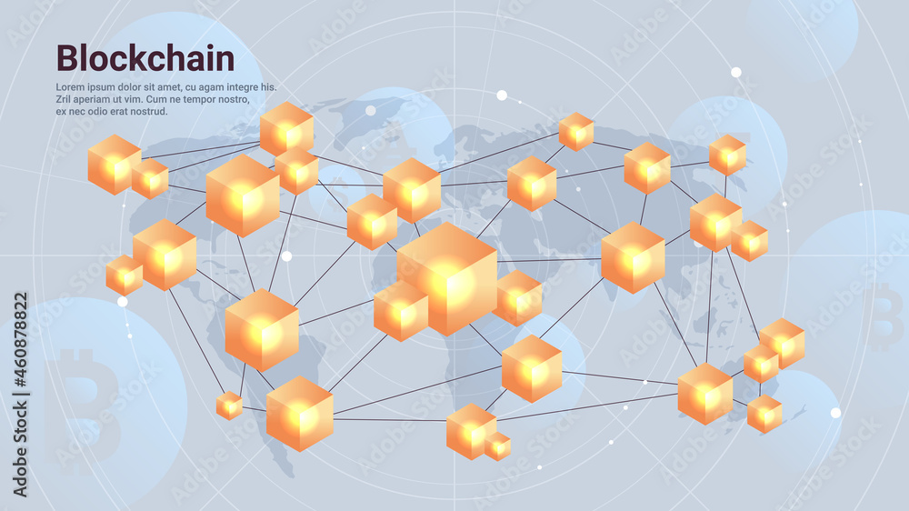 Poster cryptocurrency blockchain technology virtual currency on world map horizontal copy space
