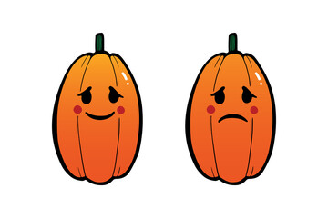 Couple of cute smiling and sad carved pumpkin characters for Halloween design.
