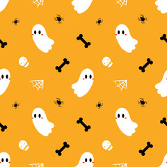 Doodle, cartoon style Halloween vector seamless pattern background with ghosts, skulls, bones, spiders and webs.
