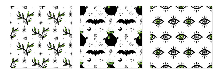 Set, collection of three vector seamless pattern backgrounds for Halloween, witchcraft and magic design.
- 460879290