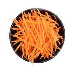Grated carrot in small black bowl on white background